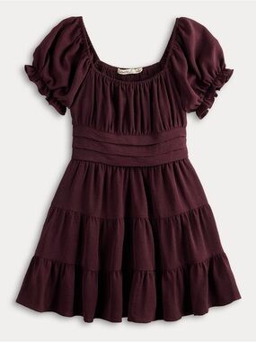 liberty Girls' Wine Puff-Sleeve Tiered Dress